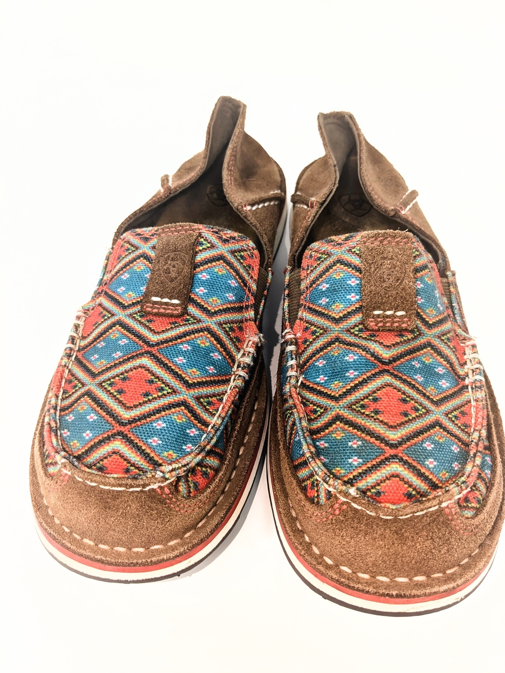 Ariat Diamond Aztec Patterned Teal And Red Orange  Brown Suede Slip-On Moccasin